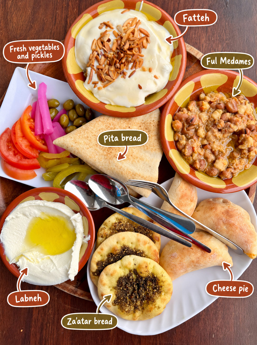 Annotated vegetarian Middle Eastern platter showing fatteh, ful medames, labneh, pita bread, za'atar bread, cheese pie, and pickles