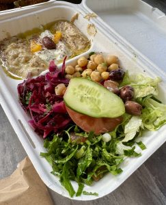 Half Moon Cafe Coburg vegetarian platter with fresh salad, chickpeas, dips, olives and pickles