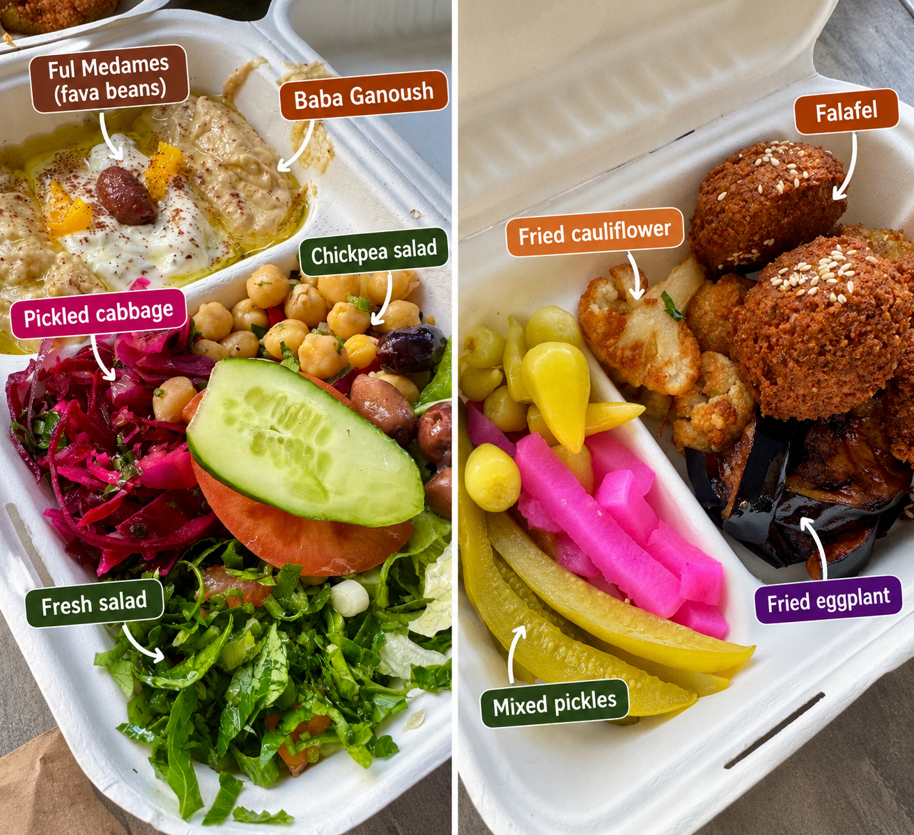 Half Moon Cafe Coburg platter collage showing fresh salad, chickpea salad, ful medames, baba ganoush, falafel, cauliflower, eggplant and pickles