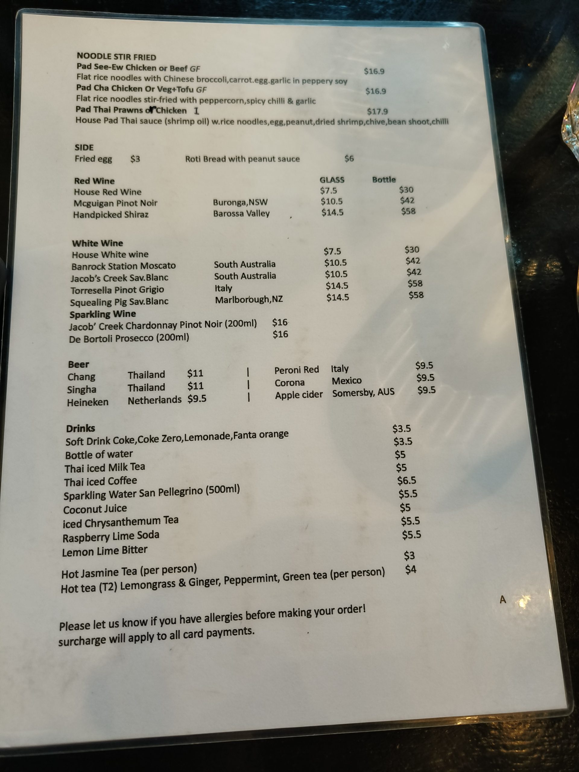 Nine Elephants Docklands menu showing noodle and drink options
