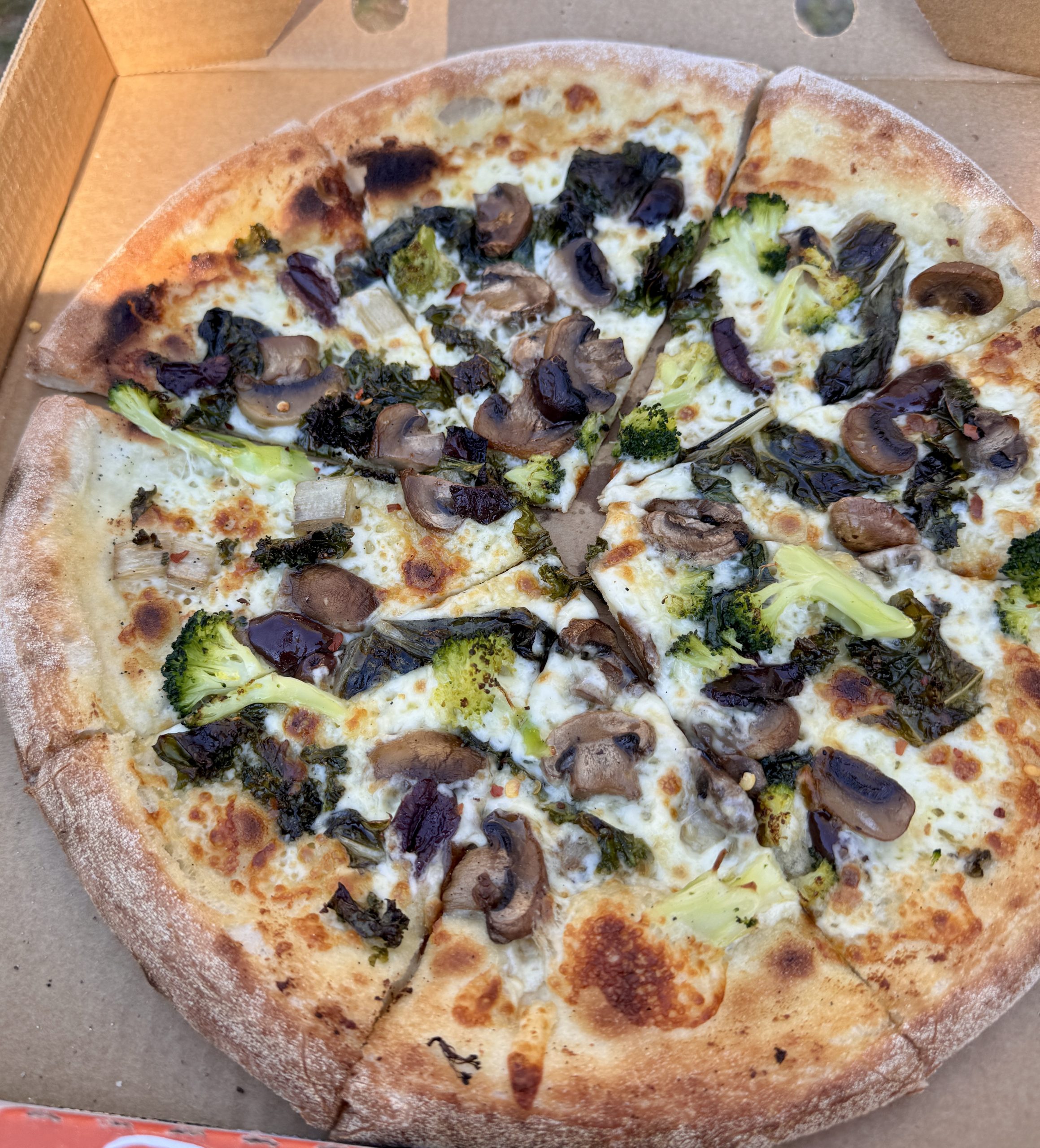 Vegetarian pizza with broccoli mushrooms greens and olives at Northern Republic Euroa