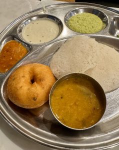 Idli and vada with sambar and chutneys at Saravanaa Bhavan Wantirna